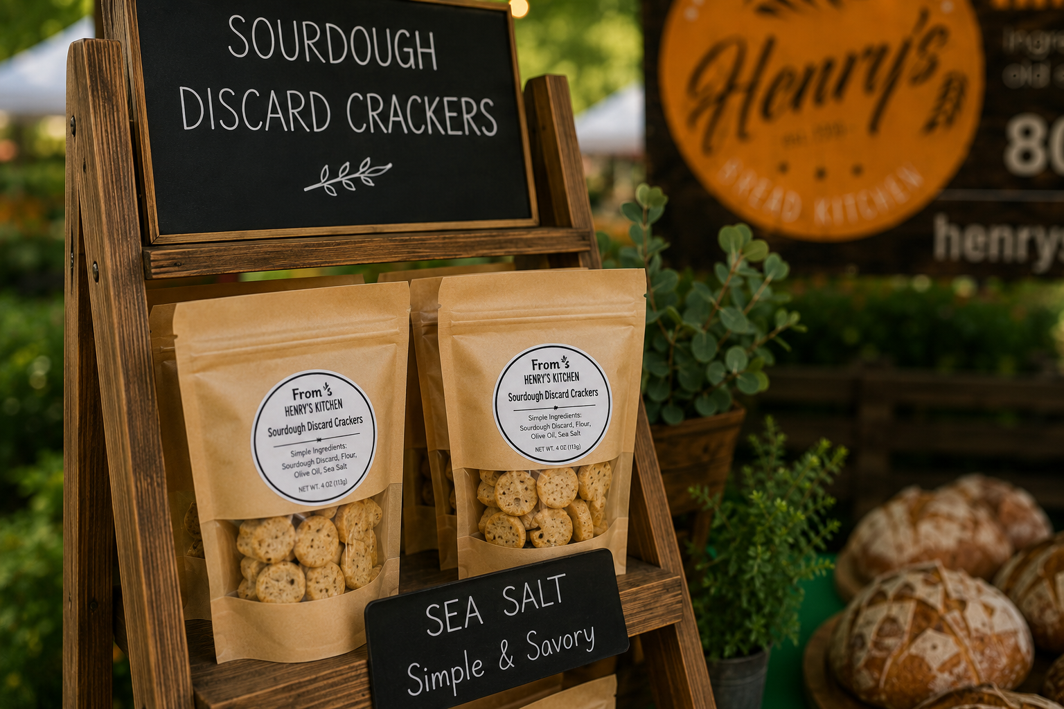 Two kraft bags of From Henry's Kitchen sourdough discard crackers labeled Sea Salt Simple and Savory on a wooden ladder display at a farmers market booth.