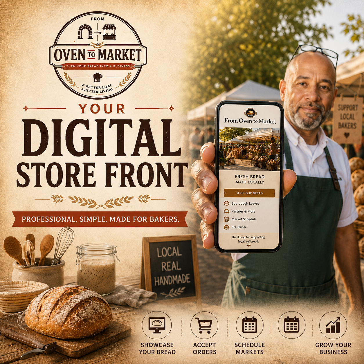 Your Digital Store Front campaign featuring Henry Hunter holding a phone with a finished bakery storefront