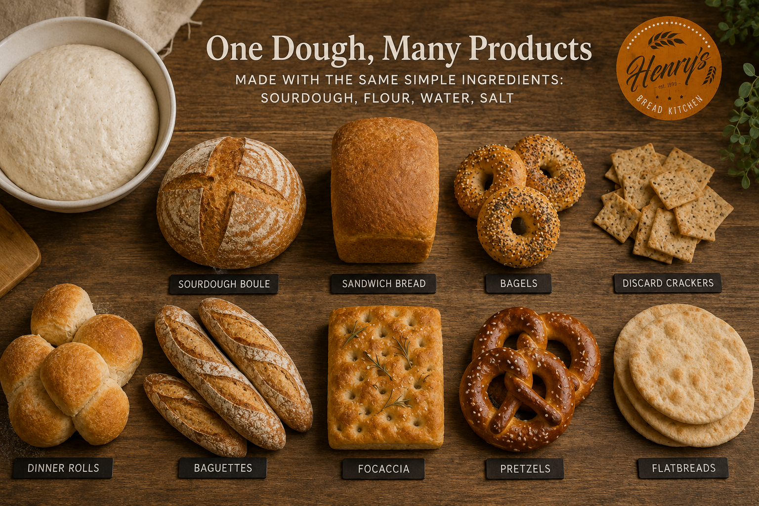One bowl of sourdough base dough beside the products it becomes: sourdough boule, sandwich bread, bagels, discard crackers, dinner rolls, baguettes, focaccia, pretzels, and flatbreads, each labeled.