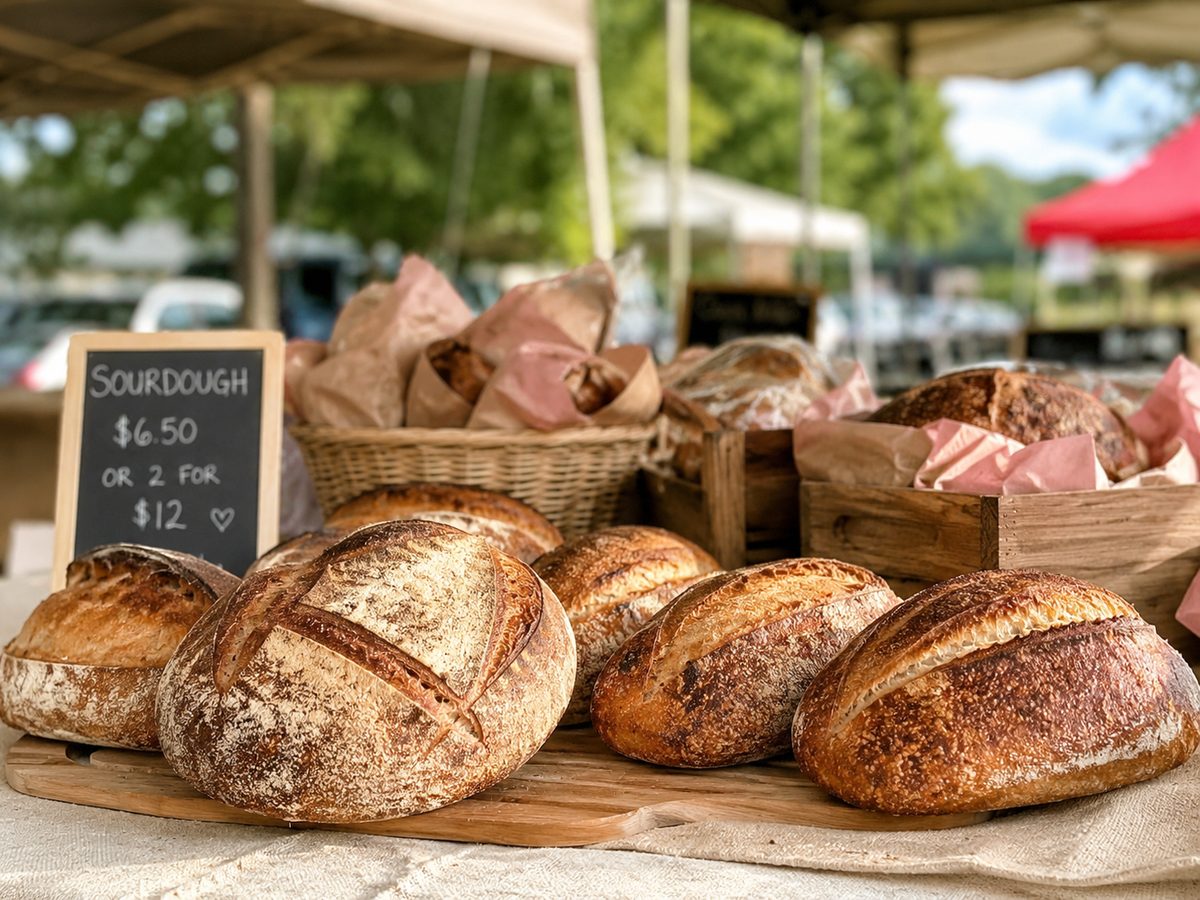 Henry Hunter's sourdough loaves on a wooden board at his farmers market booth, with hand-lettered chalkboard pricing.