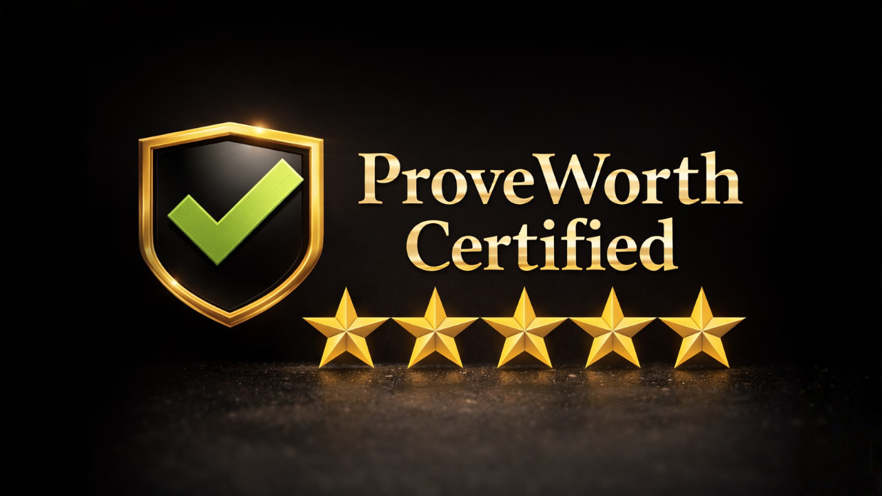 ProveWorth Certified badge: gold shield with green check, five gold stars.