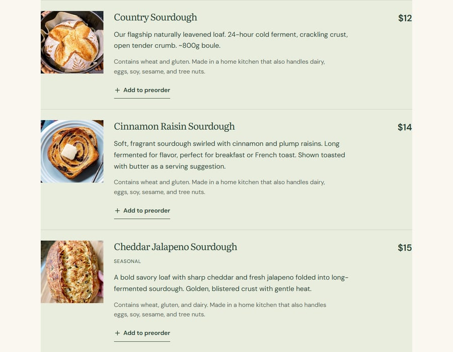 Your menu on Henry’s example storefront